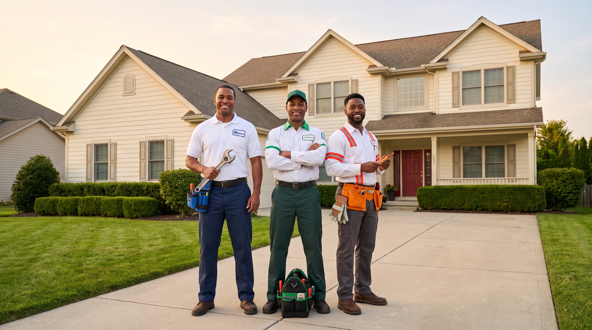 Plumber, HVAC technician, and electrician standing in front of a suburban home